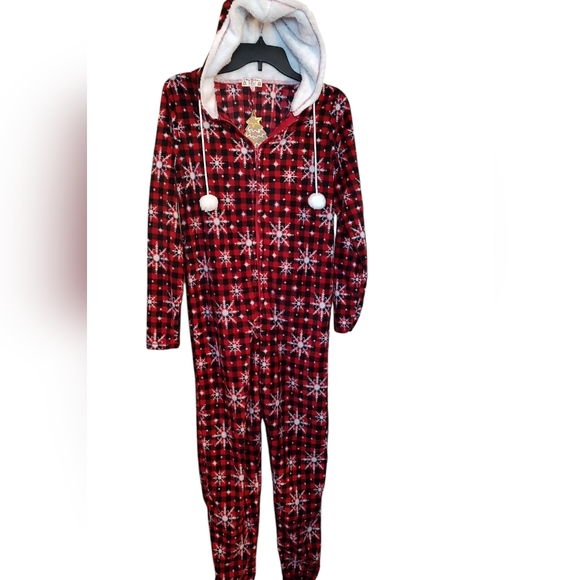 New Snowflake Red Buffalo Plaid Hooded Adult Winter Christmas Onesie PJs Small - Picture 5 of 10